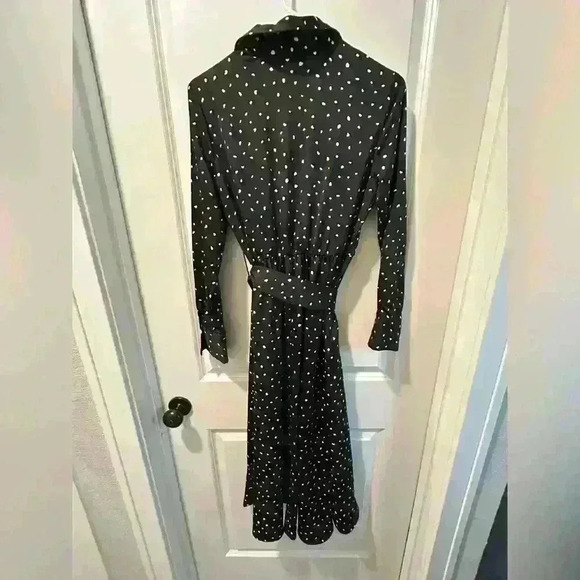 Mango MNG long sleeve midi dress black with cream dots pattern size 2 collar - Picture 14 of 15